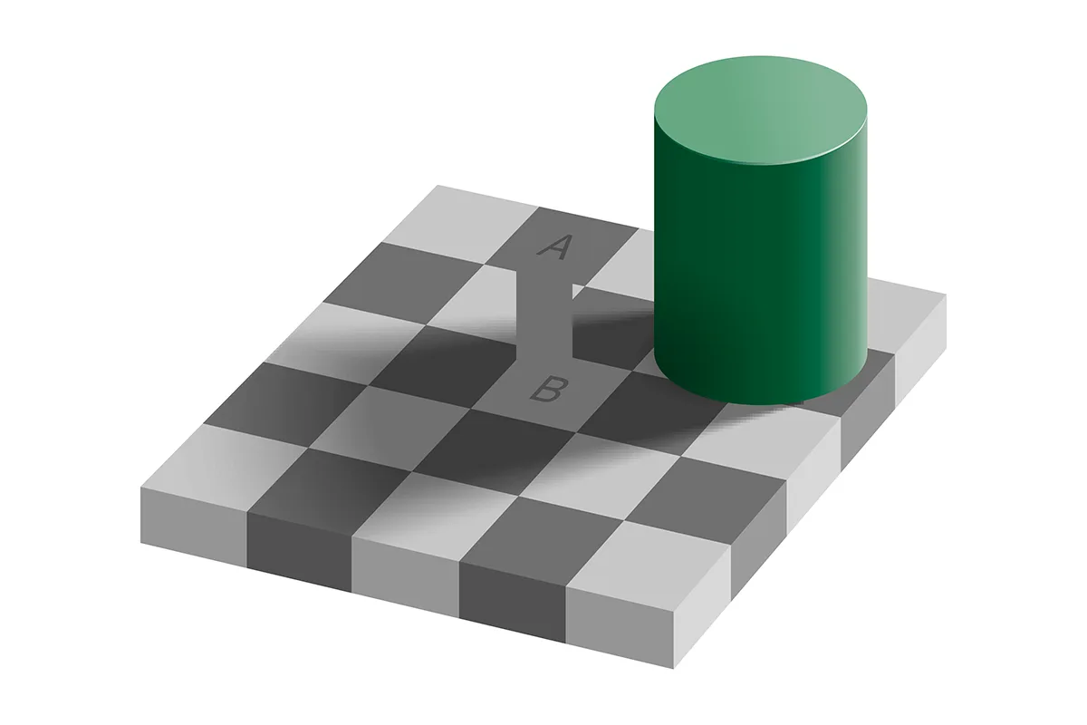 a checkerboard with a green shape casting shadow.