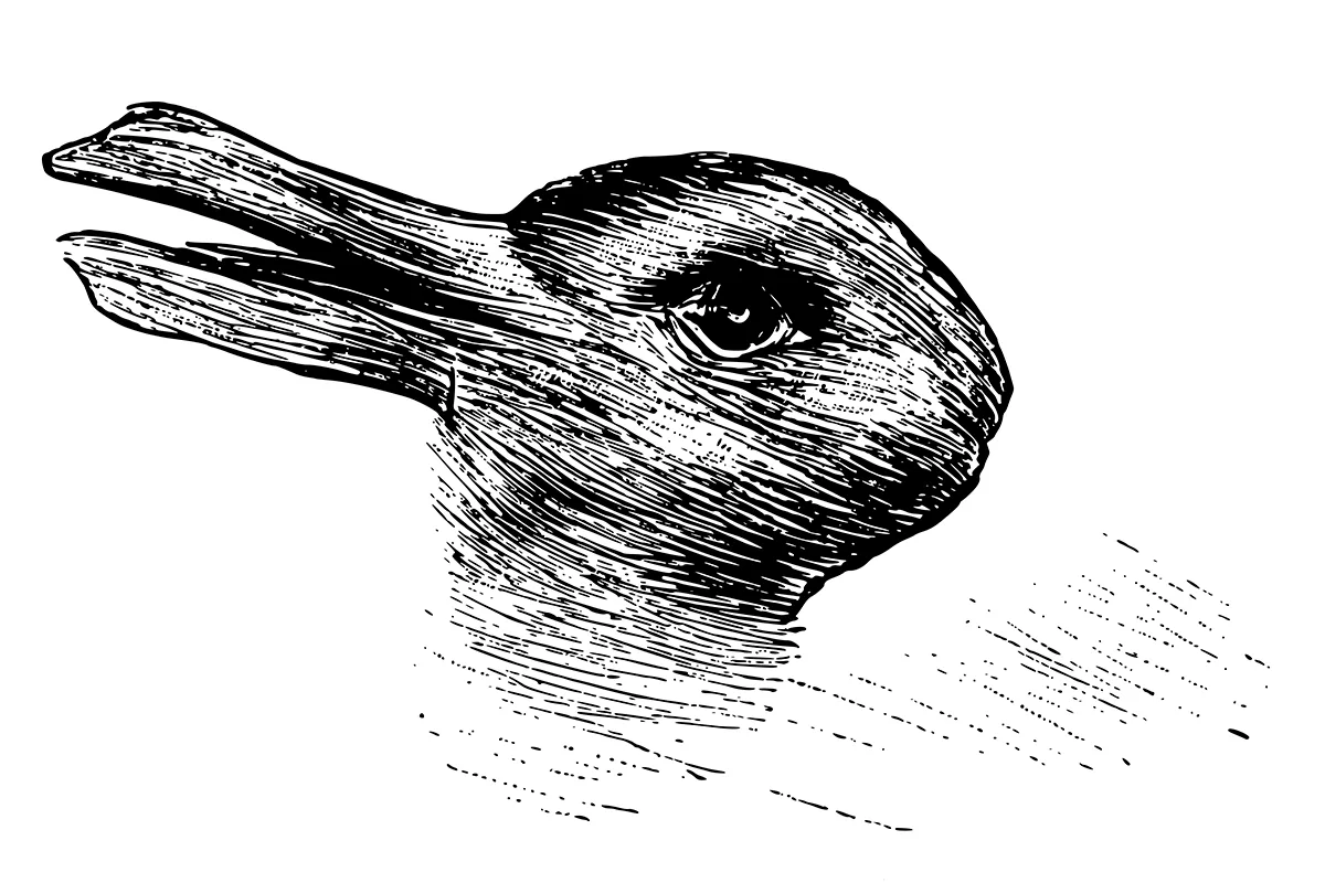 Pencil drawing of a duck or rabbit.