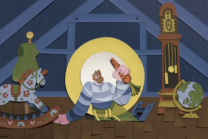 Illustration of a man sat on the floor eating a carrot to improve his eyesight.