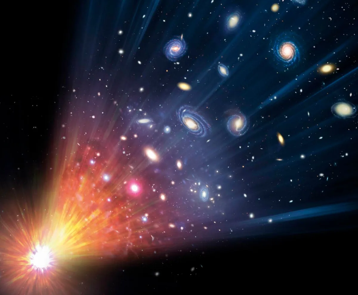 Illustration of the Big Bang and galaxies shooting out into the cosmos.