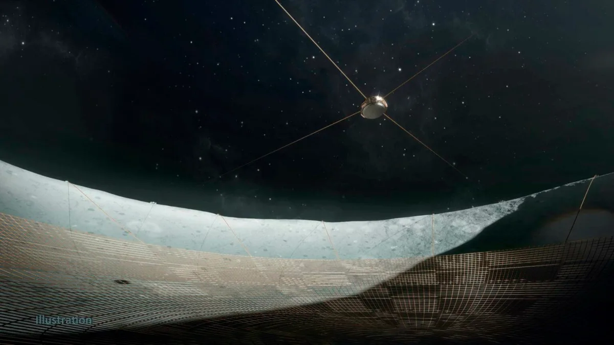Conceptual illustration of the Lunar Crater Radio Telescope from within a crater on the Moon