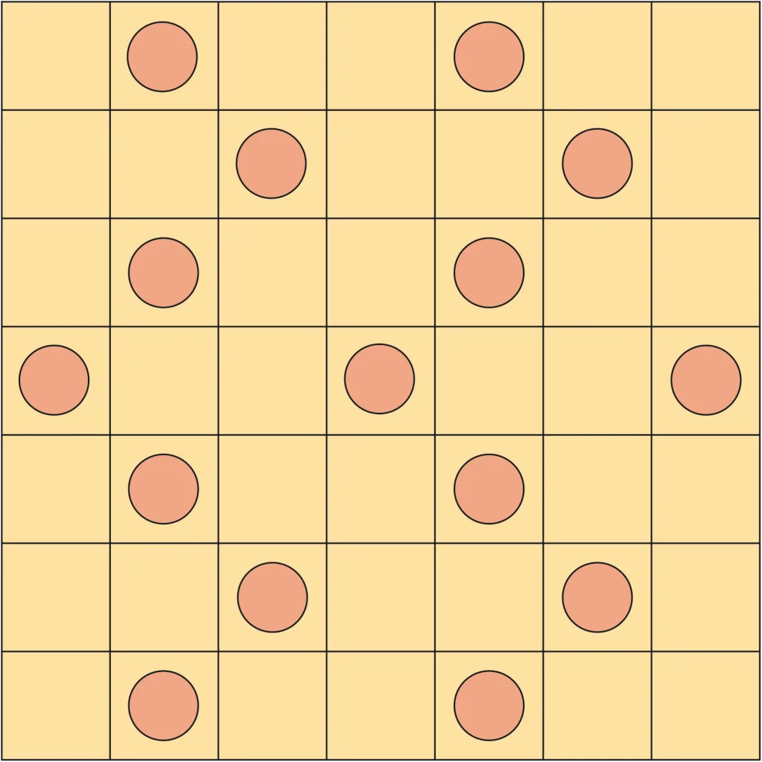 A 7x7 grid with circles in a zigzag pattern depicting a shooting tactic in Battleships