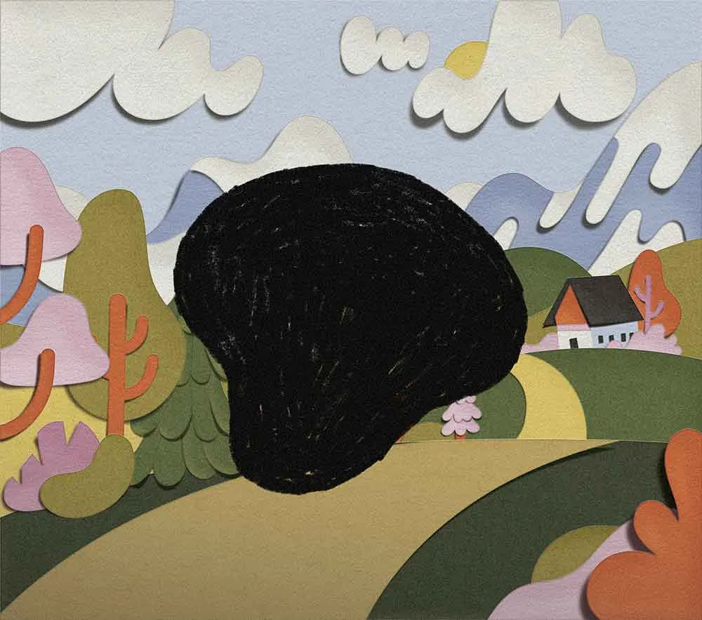 Illustration to demonstrate how macular degeneration looks. A black smudge covers the middle.