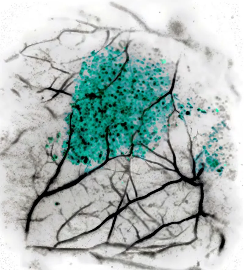 A microscopic image showing the presence of plastic particles – visible in turquoise – deep inside a live mouse.