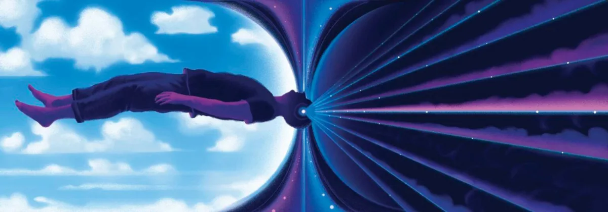 Illustration of a person hovering in the air, laying horizontally. Blue and purple waves are leaking out of their head like beams of light