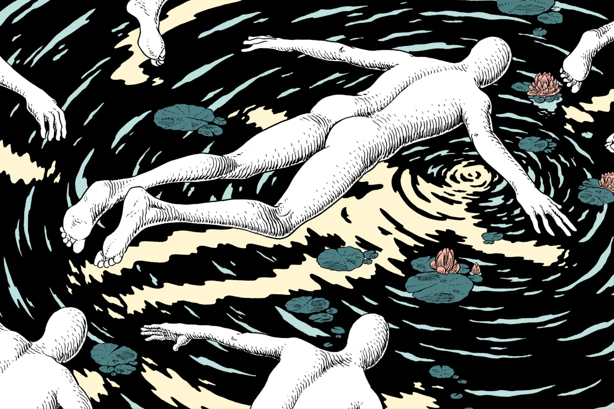 Illustration of blank bodies floating above a lily-covered pond.
