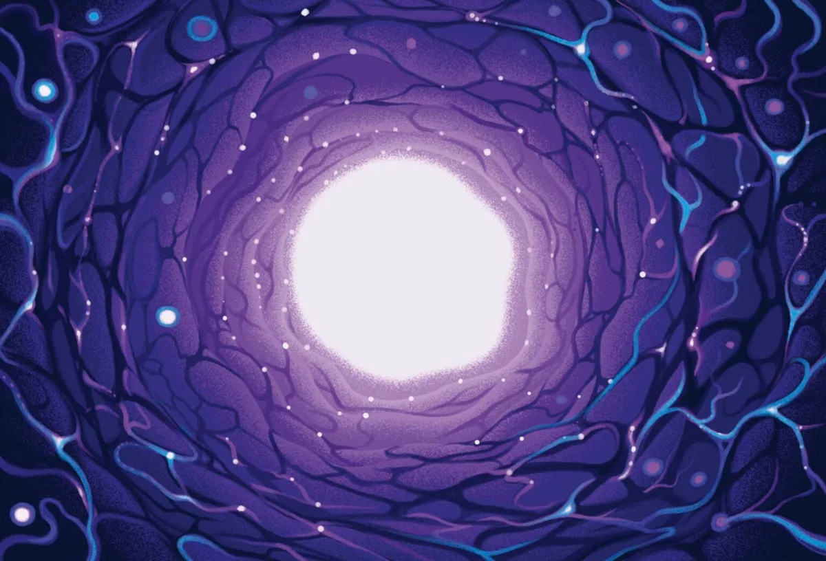 Illustration of a bright light in the centre of a swirling tunnel. Concept walking towards the light, dying