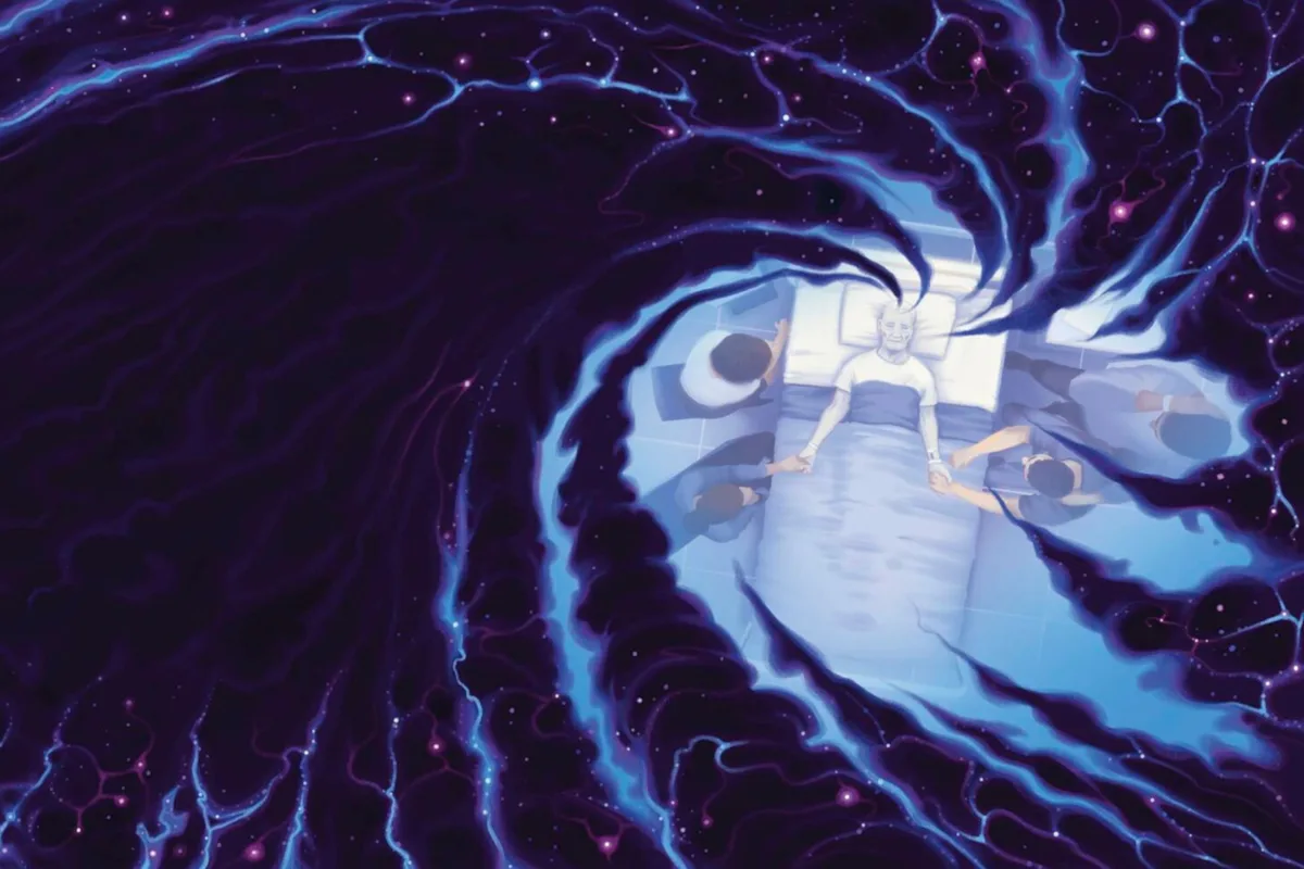 Illustration of an aerial view of a family around the bed of a dying person. Purple swirls of gas rotate outward from the sad scene