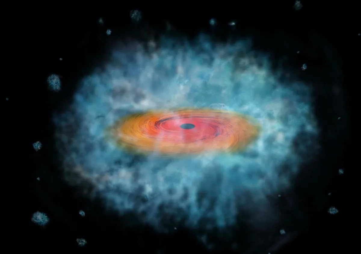 Illustration of a direct collapse black hole, a red swirl surrounds the black hole, with blue mist engulfing it all