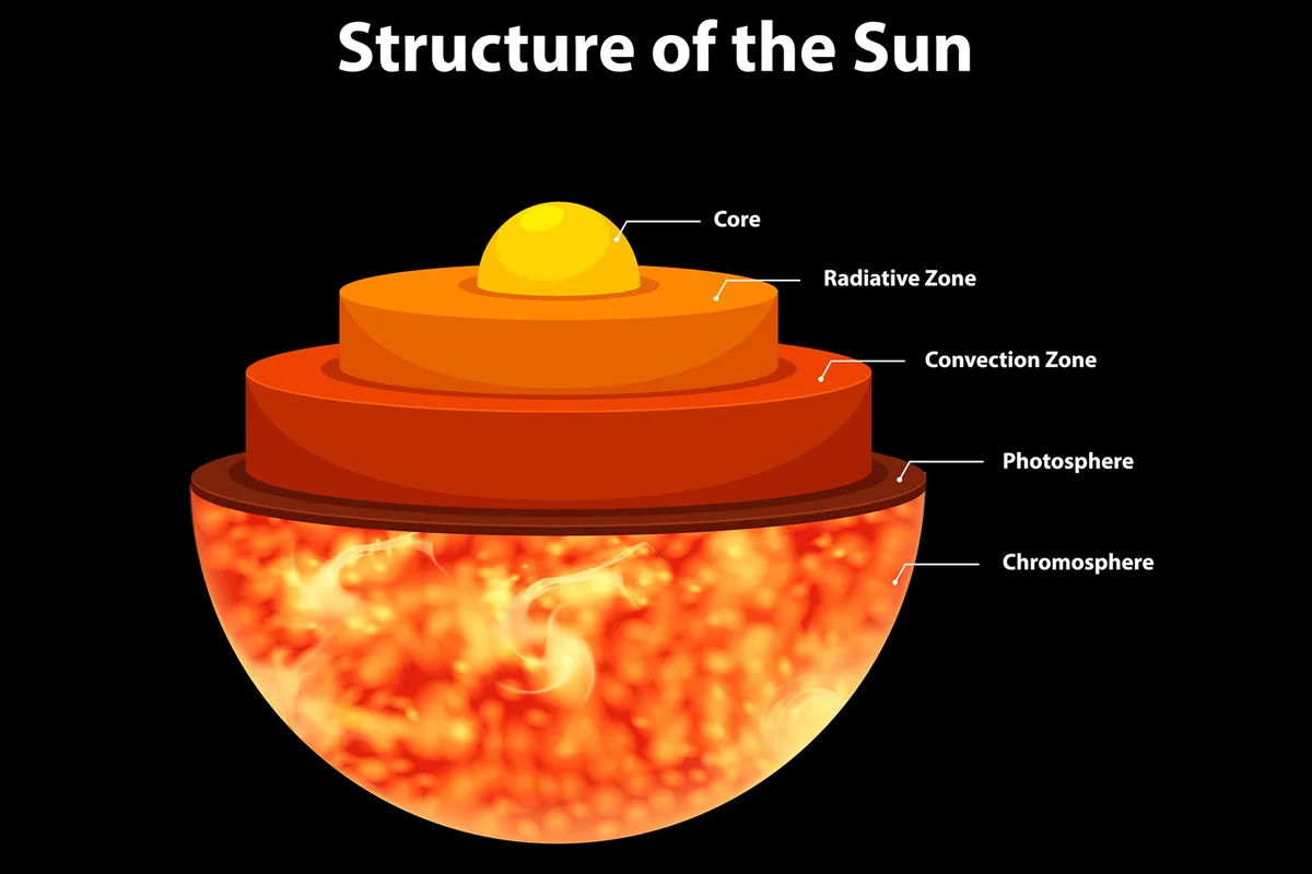 The structure of the Sun - core in the centre, surrounded by (in order) the radiative zone, convection zone, photosphere and chromosphere