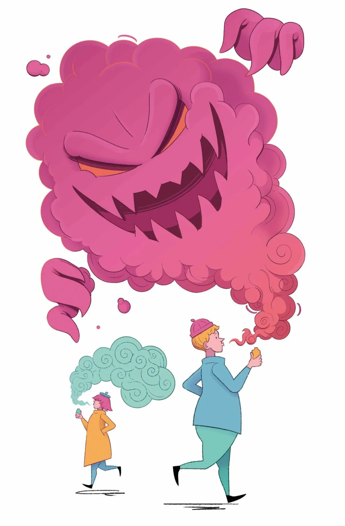 Illustration of people vaping with e-cigarettes. The pink vapour exhaled by the person in the foreground is in the shape of a monster